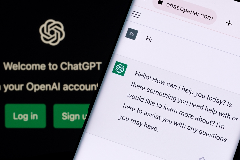 Closeup of ChatGPT on both a desktop screen and mobile device